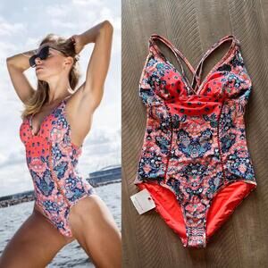 NWT Red Carter One Piece Swimsuit Cross Back Floral Medallion Women’s size 10